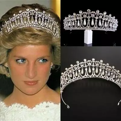 Vintage Silver Color Queen Princess Diana Crown Crystal Pearls Diadem For Bridal • $10.99