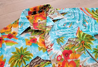 $44.95 • Buy Vintage 60s 70s JC Penny Towncraft Hawaiian Shirt Hibiscus Rainbow Aloha Medium