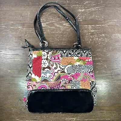 VERA BRADLEY Medley Patchwork Floral Carryall Tote Bag Black Patent Handles • $22.45