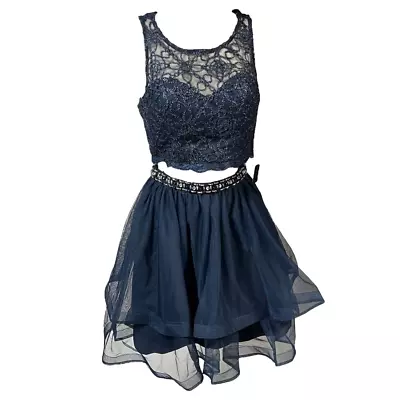 Sequin Hearts Womens Navy Chain Lace Mesh Formal Top & Skirt 2Piece Dress Sz 3 • $55