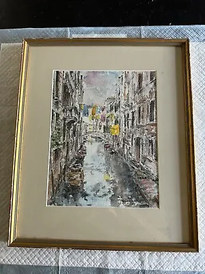 Vintage Venice Italy Canal Gondolas Original Watercolor Painting Fine Wood Frame • $65