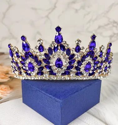 Baroque Vintage Gold Crystal Tiara Wedding Gemstone Blue Crown Homecoming Gift • $34.99