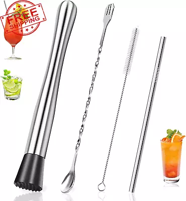 10 Inch Stainless Steel Cocktail Muddler Mixing Steel Straws With Cleaning 4Pcs • $11.99