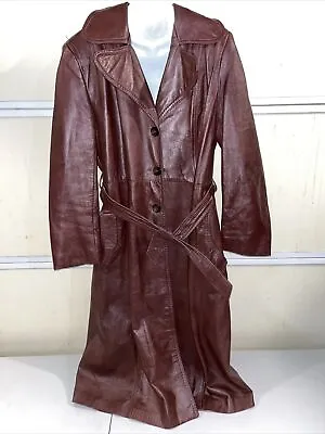 Vintage Leather 4 Button Belted Trench Spy Coat  Brown Disco Fight Club • $60