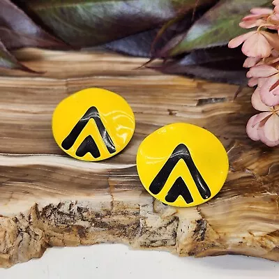 Vintage Earrings Yellow Big Stud Enamel Pierced Black Stripe Tribal Round Disc • $18.88