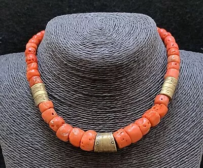 Vintage Old Navajo Stamped Brass Mediterranean Coral Larger Bead Choker Necklace • £863.80