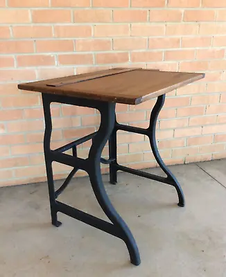 Vintage Table Industrial Cast Iron Base Wood Drawing Board Accent Table OOAK  • $298