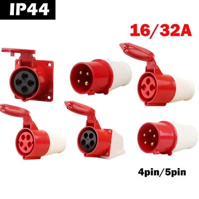 Red 240/380-415V 16A 32A 4Pin 5 Pin Industrial Plug&Sockets IP44 3 Phase 3P+N+E • £6.39