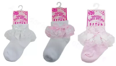 New Baby Girls Ankle Socks Pink White Organza Lace Satin Bow NB-18Ms Soft Touch • £3.70