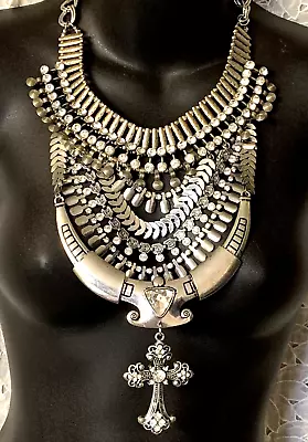 Vintage Ornate Medallion Crescent Bib Statement Necklace Silver Tone Tribal • $45