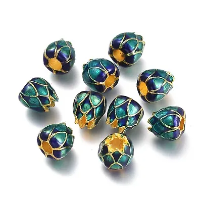 10Pcs Golden Plated Lotus Dark Cyan Alloy Beads With Enamel 9x8.5mm Hole 3.5mm • $8.64