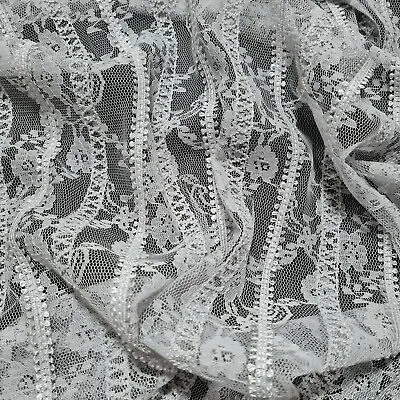 Striped Ribbon Floral Lace Fabric Light Grey Non Stretch Sold By The Metre • £4.29