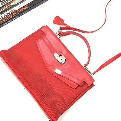 Gianni Versace Bag Red Leather Canvas Kelly Satchel Crossbody Womens VTG Handbag • $249.99