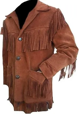 Mens Western Cowboy Fringe Brown Native American Suede Leather Vintage Jacket • $119.99