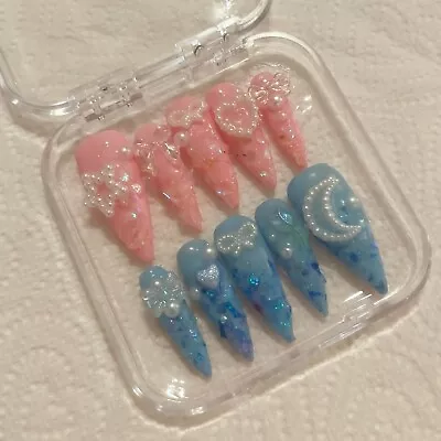 Handmade Kawaii/lolita Press On Nails With Charms - Pink And Blue (M/S Sized) • £18