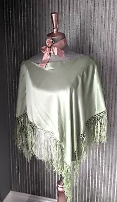 NEW LOOK Senorita Spanish Flamenco Shawl Poncho Green With Green Fringes SILK • £6