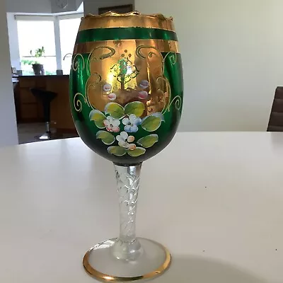 Vintage Murano Itay Emerald Green Gold Gilt Bohemian Hand Painted Wine Glass WOW • $64.99