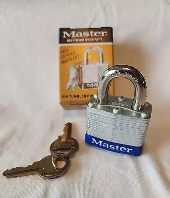 NOS Vtg Master Lock No 3 Laminated Steel Padlock Pin Tumbler W/ 2 Keys NIB • $9.95