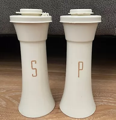 Vintage Tupperware 6” Tall Hourglass White Salt & Pepper Shakers Gold Letters • $39.99