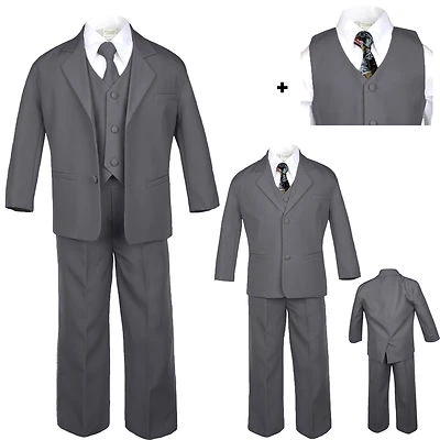 $52.95 • Buy 6pc Set Baby Toddler Boy Dark Gray Formal Wedding Party Tuxedo Suit Tie S-20
