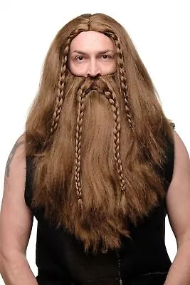 Wig & Beard Male Wig Germane Viking Dwarf Viking Barbarian Braun Long • $12.98