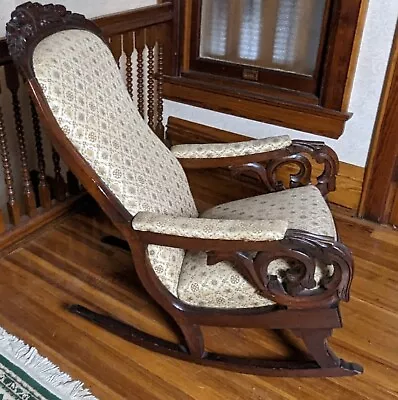 Antique Upholstered Carved Mahogany Lincoln Rocking Chair - See Photos And Video • $224