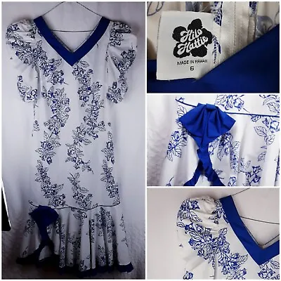 Vintage Hilo Hattie Hawaiian Maxi Dress Size 6 Blue Floral Ruffle Cha Cha Cha • $112.83