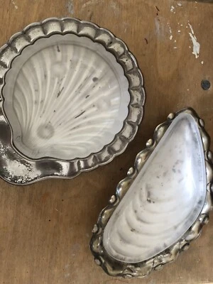 £12 • Buy Vintage Shell Glass Lined Silver Plated Butter Dish Soap Dishes X2