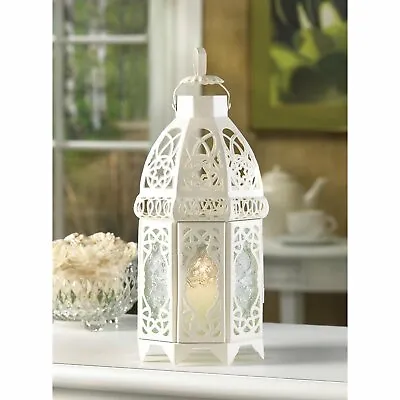 Metal Glass White Lattice Decorative Cutout Candleholder Lantern • $29.71