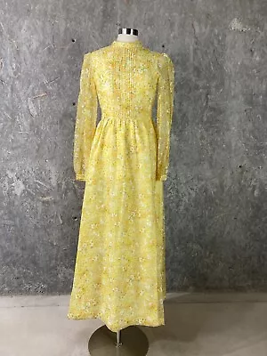 Vintage Handmade Size 8 Yellow Sheer Floral Maxi Dress Prom Modest Cottage • $39.99