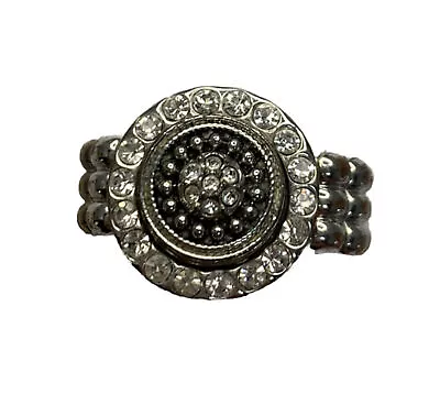 Vintage Silver Tone Beaded Ball Pavé Rhinestone Stretch Elastic Finger Ring • $14.99
