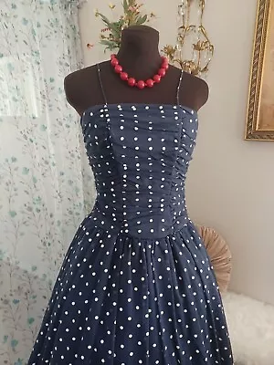 Vintage Sundress Dress Sweetheart Cut Blue White Polka Dot 80s 50s S • $80