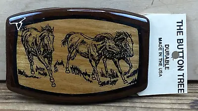 Vintage Wood Wooden USA Belt Buckle 3 Horses The Button Tree USA New Old Stock • $8.22