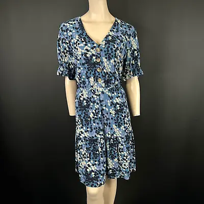 £17.95 • Buy Next Dress 16 Womens Blue Floral Button Front V-Neck Soft Viscose Floaty Hem
