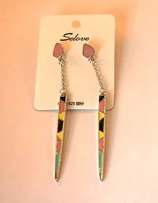 925 Silver Post Silver Tone Multicolor Art Deco Dagger Dangle Earrings 4  • $3.50