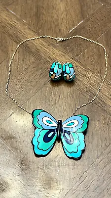 Vintage Eisenberg Multicolor Enamel Butterfly Pendant Necklace & Earrings Set! • $144