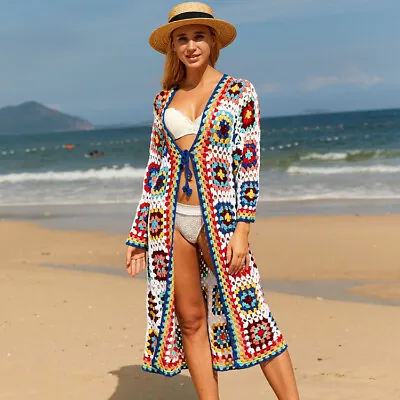 Women's Fashion Cotton Colorful Long Crochet Cutout Beach Dress Lace-up Coat • £81.74