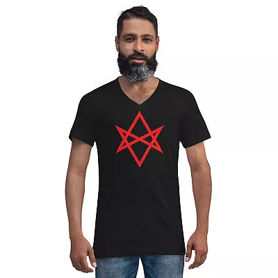 Red Unicursal Hexagram Six Pointed Star Unisex Short Sleeve V-Neck T-Shirt • $27.67