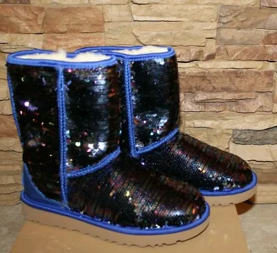 NEW UGG Women's CLASSIC SHORT SEQUIN SPARKLE SHEARLING Boots Blue • $149.95