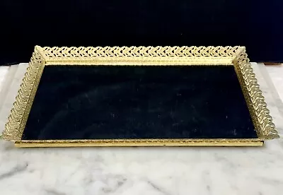 Vintage Hollywood Regency Gold Tone Filigree Mirror Vanity Perfume Tray 15” • $28