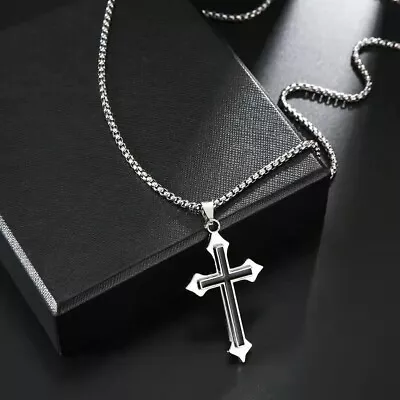 Men's Silver Black Double Layer Cross Pendant Christian Necklace Box Chain 24 • $10.99