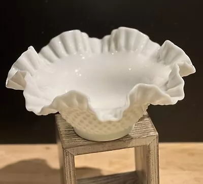 Fenton White Milk Glass Hobnail  Ruffled Crimped Edge Bowl • $18