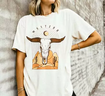 Vintage Western Longhorn Skull Graphic Unisex Tee With Desert Landscape Print • $15.99