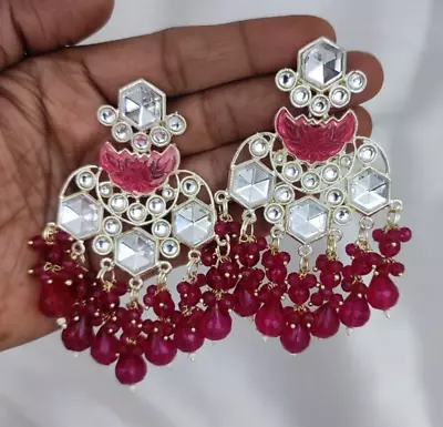 Bollywood Style Gold Plated Indian Kundan Earrings Rani  Pink Bridal Jewelry Set • $29.99