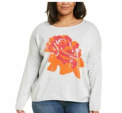 Joan Vass Plus Size Sequin Rose Grey Cotton Dolman Sleeve Top Sweater 2X • $19.99