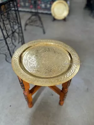 Handmade Moroccan Round Brass Tray Tea Table With Folding Wood Stand Thuya Wood • $110