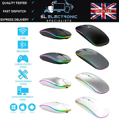 Slim Silent Rechargeable Wireless Mouse RGB LED USB Mice MacBook Laptop PC UK • £5.99