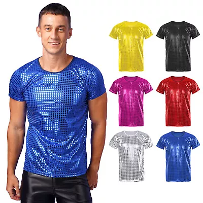 T-shirts Shiny Mens Shirts Short Sleeve Top 70s Undershirt Glitter Tee Metallic • £7.55