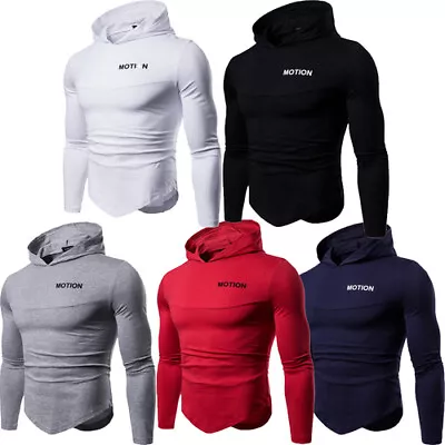 Mens Muscle Hoodie Hooded Slim Fit Long Sleeve T-Shirt Gym Casual Sports Tops • £7.06