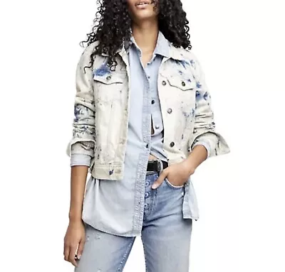 Free People Denim Trucker Jacket Acid Wash Tie-Dye Blue Womens Size Small NWT • £58.38